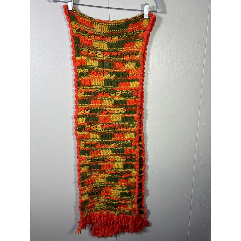 Handmade Crochet Scarf Orange Green Yellow Retro Textured Fringe Winter Wrap